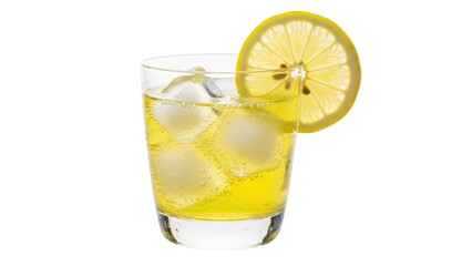 Isolated glass of lemonade with ice cubes and a lemon slice garnish, refreshing drink