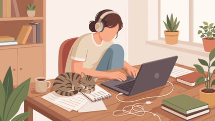 Freelancer woman working laptop home office with sleeping cat. Cozy workspace interior. Remote work concept. Female student online study. Girl typing computer headphones. Plants books.
