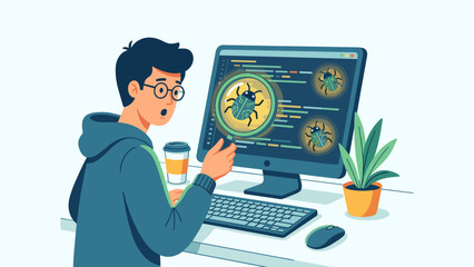 Software debugging concept. Programmer holding magnifying glass finding bug on computer screen. Code inspection error detection. Developer fixing glitch. Flat vector illustration.