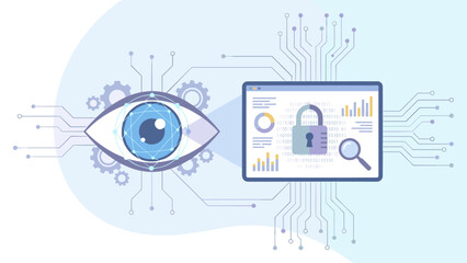 Obraz premium Digital surveillance concept. Stylized cyber eye watching screen. Cybersecurity data privacy protection. Network monitoring security. Big data analytics. Virtual observation technology.