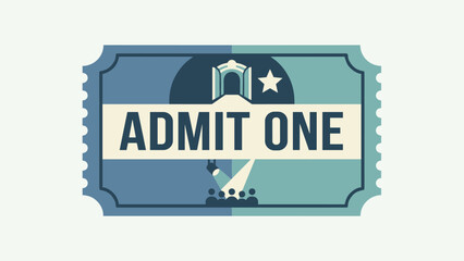 Admit one ticket. Retro vintage cinema ticket coupon. Event access pass concept. Movie theater entertainment. Show entrance voucher. Flat vector illustration. Performance. Spotlight.
