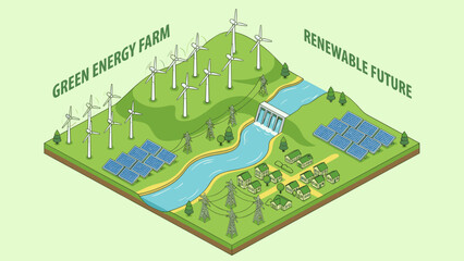 Isometric green energy farm. Solar panels and wind turbines power plant. Sustainable electricity generation. Renewable eco resources. Future environment technology. Clean power.