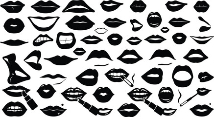 Female Lips and Mouth Silhouette Collection with Various Expressions, Lipstick, and Cigarette Icons