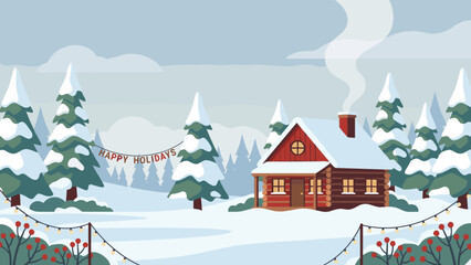 Winter wonderland landscape with snow covered pine trees and cozy wooden log cabin. Happy holidays banner. Christmas season background vector illustration. Festive nature snowfall.