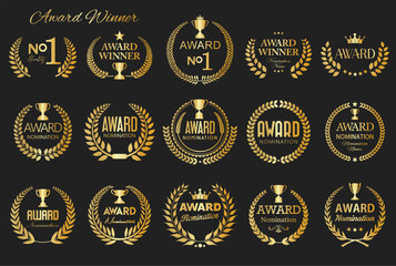 Gold award laurel wreaths, crowns and trophies symbols. Golden award winner emblems flat design 