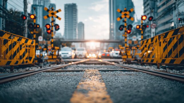 Medium shot of an urban railroad crossing featuring advanced safety barriers and flashing lights with focused vehicles waiting and blurred city buildings in the background.
