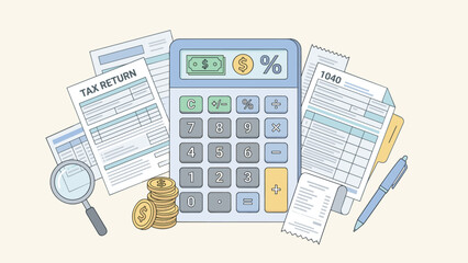 Accounting tax preparation concept. Large calculator with financial documents. 1040 return form. Auditing money coins stack. Bookkeeping business finance. Budget planning strategy.