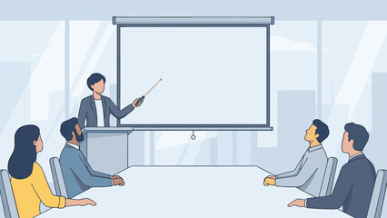 Business presentation meeting. Speaker holding laser pointer at blank screen. Corporate conference room training. Office seminar with team. Strategy workshop. Flat vector illustration.