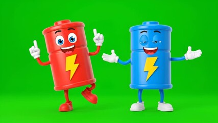 Two cheerful red and blue cartoon battery mascots happily posing and gesturing in a vibrant 3d rendering, isolated on a bright green chroma key background.