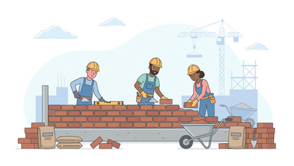 Construction team building brick wall together. Diverse builders laying red bricks. Foundation concept. Business metaphor for solid growth development. Teamwork flat vector illustration.