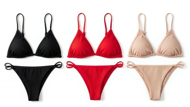 Textured String Bikini Swimwear Collection in Black, Red, and Nude; Fashionable Adjustable Triangle Bikini Sets for Summer.