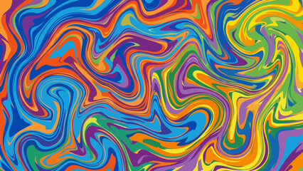 Abstract colorful swirl paint background. Artistic marbling effect texture. Creative liquid fluid flow pattern. Psychedelic rainbow wave. Vivid bright ink art. Retro groove style.