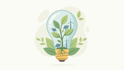 Eco innovation concept. Lightbulb with plant. Green energy ideas. Renewable resources. Sustainable development. Solar panels wind turbines. Environmental protection. Ecology symbol.