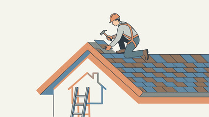 Professional roofer installing shingles on house roof. Construction worker repairing home with hammer. Building renovation. Builder service. Residential architecture. Flat vector.
