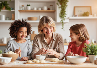 Grandmother Baking Christmas Cookies with Multiracial Grandchildren in Cozy Kitchen for Family Holiday Traditions and Winter Celebration Content