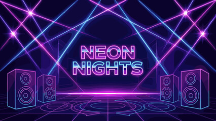 Abstract laser beam background with neon light rays. Futuristic party theme vector illustration. Night club music dance floor. Glowing retro synthwave style. Cyberpunk stage lights.