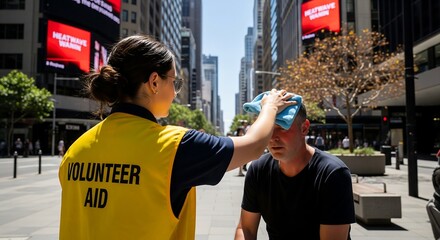 A volunteer offers a cool cloth to a man during a heatwave on a city street.