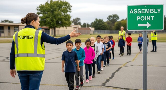 A volunteer in a high-visibility vest guides a line of elementary school children towards an assembly point sign.