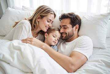 Fototapeta premium Happy Family Sleeping Peacefully in White Bed – Mother, Father and Son Embracing for Healthy Sleep Concepts and Lifestyle Wellness Content