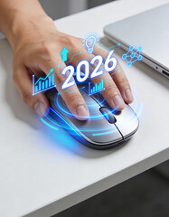 Close-up of hand using futuristic holographic mouse with glowing 2026 above, digital charts and icons floating, representing new tech, growth, opportunities, sleek modern workspace