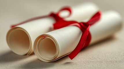 Two rolled parchment scrolls tied with elegant red ribbons resting on a smooth surface symbolizing achievement or formal documents with soft background blur