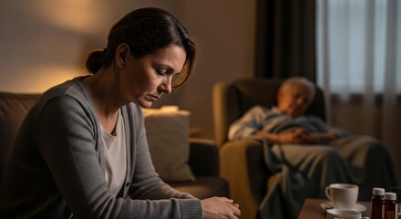 A woman sits in the foreground with her head bowed in distress, while an elderly man rests in an armchair in the blurred background.