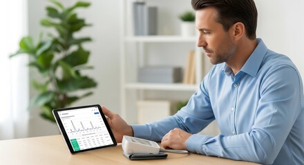 A man in a blue shirt looks at a tablet displaying a graph, sitting at a desk with a device.