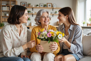 Three Generations Celebrating Mother's Day &ndash; Grandmother Receiving Flowers and Gift from Daughter and Granddaughter for Family Holiday Cards, Social Media Posts, and Intergenerational Bonding Content