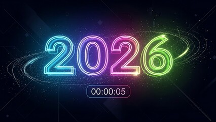 Alternative futuristic countdown design with neon glowing 2026 numbers and digital effects.