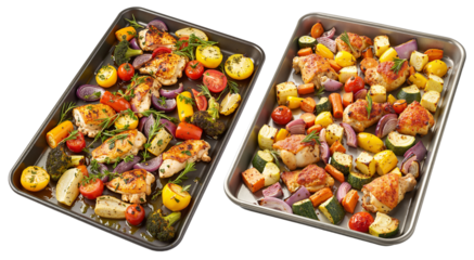 Roasted Chicken and Vegetables – Cherry Tomatoes, Squash, Broccoli, and Zucchini on Baking Trays for Healthy Meal Blogs and Recipe Content