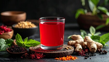 Presentation of Traditional Red Herbal Drink with Ginger and Spices