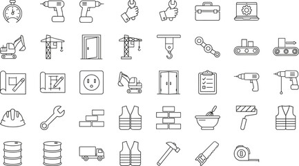 Outline Vector Icon Set Representing Construction Industrial Engineering Workplace Safety Building Infrastructure Professional Tools and Heavy Machinery Equipment Concepts