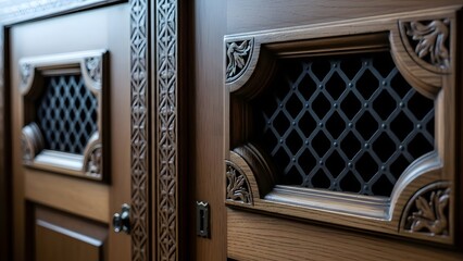 Close-up of ornate wooden cabinet doors with carved details and lattice panels, showcasing craftsmanship, texture, and elegant traditional interior design