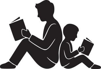 Parent and Child Sitting Back-to-Back Reading Books Vector Illustration