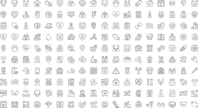 Large Outline Vector Icon Set Representing Comprehensive Pet Care Veterinary Medicine Domestic Animal Health Welfare Grooming and Professional Pet Ownership Services