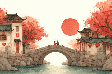  river and bridge lunar new year scene