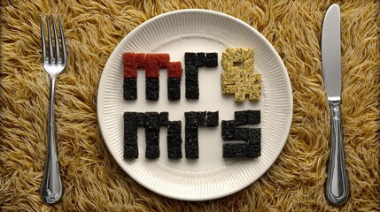 Anniversary travel shot close-up: Mr. & Mrs. porcelain dish with fur backdrop, mimics hotel breakfast tray, blank space for date, f/2.8 wide aperture sets mood, ideal for travel album or vlog cover.