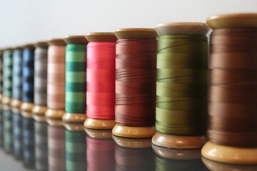 a vibrant collection of wooden spools filled with colorful sewing threads stands in a neat row showcasing diverse hues high quality