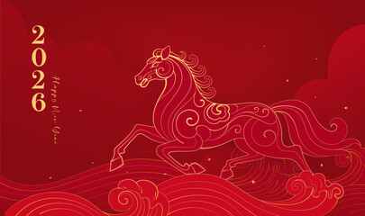 New Year celebration banner with linear layering and illustrations for the Year of the Horse