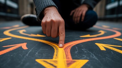 A person s finger points toward a yellow arrow on a colorful directional illustration painted on the pavement representing choices and decisions