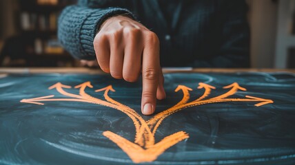 A hand gently points towards a branching path drawn in orange on a dark chalkboard symbolizing choices and direction high quality
