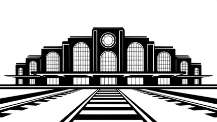 Modern Graphic Architecture
A clean, graphic depiction of a stylized train depot in black silhouette, centered composition, arched windows, circular centerpiece, linear perspective railway tracks, fla