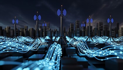 A futuristic cityscape illuminated by glowing blue network connections and multiple cellular towers representing advanced wireless communication technology high quality professional