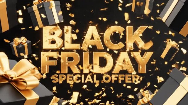 A dynamic Black Friday animation with bold 3D golden text and a subtle background glow, perfect for a classic yet impactful sale announcement