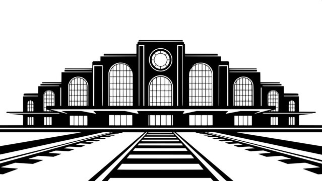 Modern Graphic Architecture
A clean, graphic depiction of a stylized train depot in black silhouette, centered composition, arched windows, circular centerpiece, linear perspective railway tracks, fla