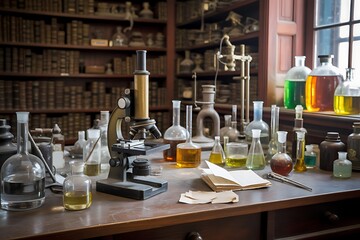 an antique study displays a vintage microscope various glass beakers and aged books conveying a sense of historical scientific exploration