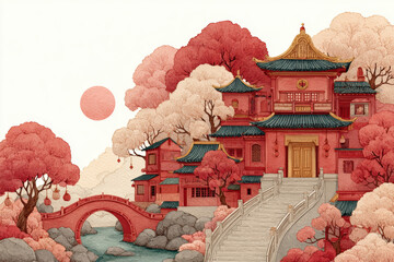  river and bridge lunar new year scene