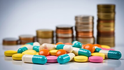A visual representation of pharmaceutical costs showcasing colorful pills alongside stacks of coins illustrating healthcare expenses and affordability issues high quality