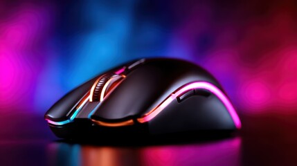 A sleek gaming mouse illuminated with vibrant colors, enhancing its aesthetic appeal against a colorful blurred backdrop, perfect for gamers and tech enthusiasts alike.