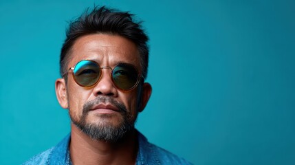 Obraz premium A confident man wearing sunglasses poses against a striking turquoise background, epitomizing modern masculinity and fashion sense.